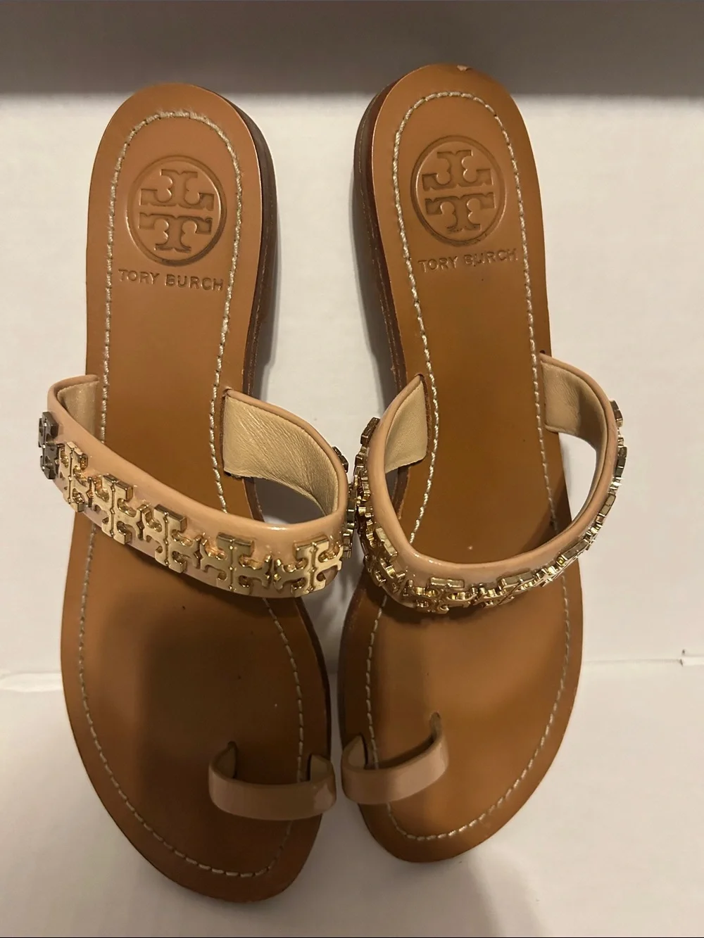 Tory Burch Tan Patent Miller Toe-Ring Sandals with Gold Logo